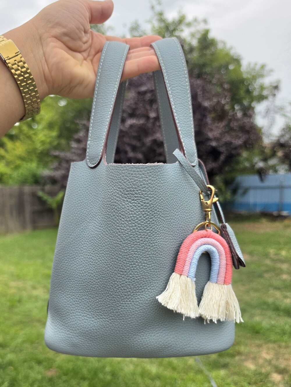 Women's Light Blue Pebbled Leather Picotin Bucket Bag with Rainbow Charm